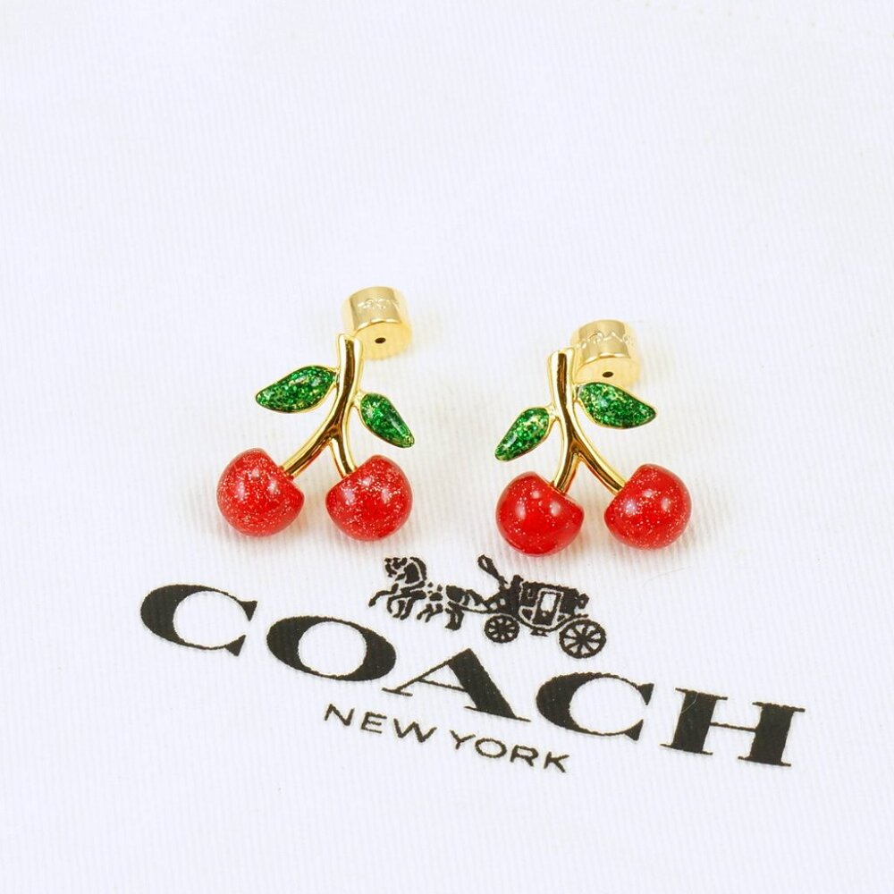 Coach Red Glitter Cherry Stud Earrings Gold Plated - Picture 4 of 6